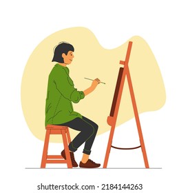 A woman draws on a canvas. The artist creates a painting. Colorful vector illustration in flat style