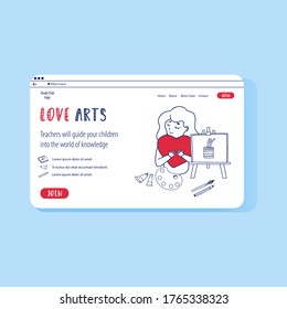 Woman draws on easel with watercolour. Doodle vector website template for online education. Children arts club concept illustration.