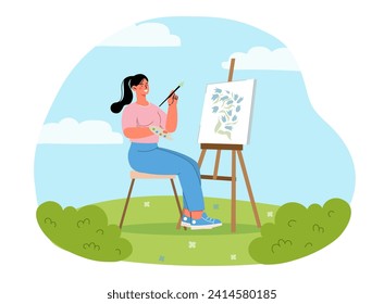 La mujer dibuja césped. Artista con pincel y pinturas cerca de lienzo. Creatividad y arte al aire libre. Hobby y ocio útiles. Chica talentosa con paleta. Dibujo vectorial plano de dibujos animados