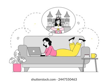 Woman dream about castle simple. Young girl sitting at sofa and think about being princess. Imagination and fantasy, fairy tale. Linear flat vector illustration isolated on white background