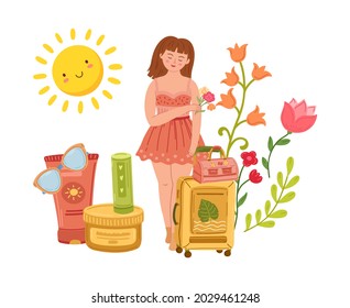 Woman dream about travel. Tourist character, female with suitcase. Sunscreen, lipstick and sunglasses. Girl in dress go to vacation on beach vector concept