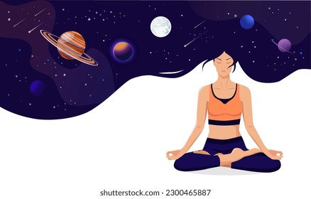 Woman dream in cosmos universe. Character of girl with galaxy space in her hair. Dreaming in metaverse reality. Astronomy horoscope concept. Mental mind relaxation in yoga pose. Vector illustration