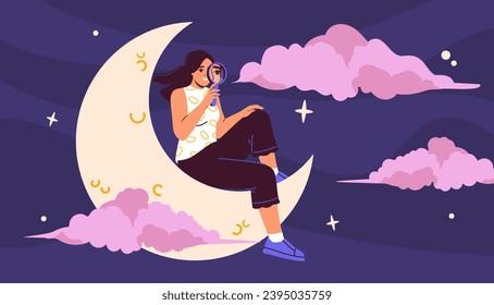 Woman dream at crescent. Young girl with magnifying glass sitting in night sky. Imagination and fantasy. Character looking for wishes. Rest and relax. Cartoon flat vector illustration