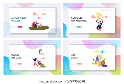 Woman Dream to Escape from Gold Cell Landing Page Template Set. Female Character Sit in Golden Cage Dreaming of Simple Things. Girl with Man Dating, Kite, Balloons. Cartoon People Vector Illustration