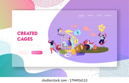 Woman Dream to Escape from Gold Cell Landing Page Template. Female Character Sitting in Golden Cage Dreaming of Simple Things. Girl with Man Dating, Kite, Balloons. Cartoon People Vector Illustration