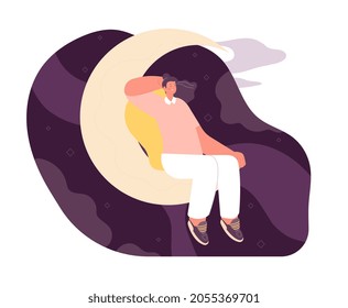 Woman dream on moon. Dreaming time, night in universe meditation. Sleeping concept, girl rest. Moonlight and love, romantic horoscope utter vector scene