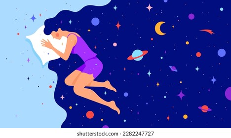 Mujer con universo de ensueño. Sencillo personaje de mujer durmiendo en la cama con el planeta estelar del universo, estrella de la luna, cielo nocturno en el pelo del cosmos. Carácter femenino en un gráfico plano y de ensueño. Ilustración vectorial