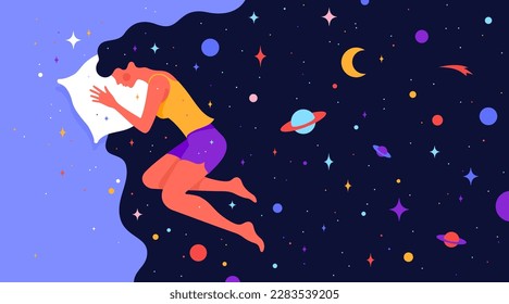 Woman with dream universe. Simple character of woman sleeping in bed with universe starry planet, moon star, night sky in cosmos hair. Woman character in dream, flat graphic. Vector Illustration