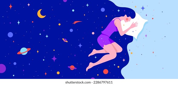 Frau mit Traumuniversum. Einfache Figur der Frau, die im Bett mit dem Universum Sternenplanet schläft, Mond Stern, Nachthimmel im Kosmos Haar. Frauenfigur im Traum, flache Grafik. Vektorgrafik