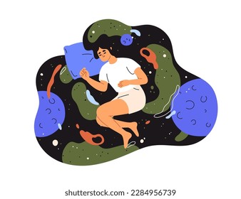 Woman dreamer floating in space, dreaming, sleeping. Person asleep, relaxing on pillow in cosmos. Healthy night relaxation concept. Flat graphic vector illustration isolated on white background