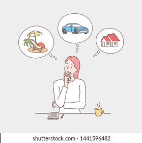 Woman dreaming about home, investment, travel and car after earning dollars. Hand drawn style vector design illustrations.