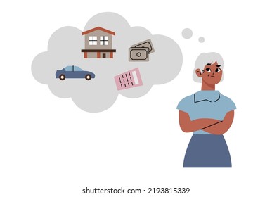 Woman dreaming about home, investment, travel and car after earning dollars. Flat vector illustration isolated on white background