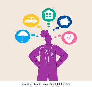 Woman dreaming about home, investment, health, car and money saving. Colorful vector illustration
