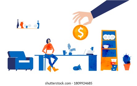 Woman dreaming about professional success. Young man self-employed, self isolated working from home, and looking for new job. Quarantine, economy crisis, jobless people