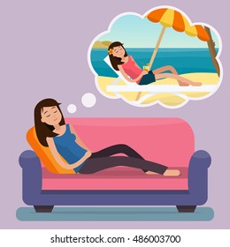 Woman dreaming about summer vacation and beach with sea on sofa. Relaxed girl on couch sleeping at home with thinking bubble. Flat style vector illustration.
