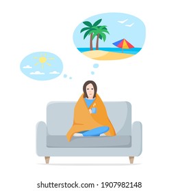 Woman dreaming about vacation, travelling and warm sunny weather. Thinking about holidays in hot tropical country at sea. Lockdown, global quarantine and self isolation concept. Flat vector