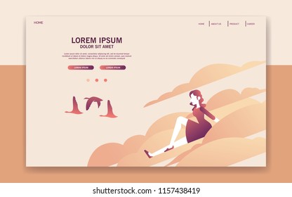 WOMAN DREAMING ON THE CLOUD WHILE WATCHING FLYING BIRDS. LANDING PAGE DESIGN