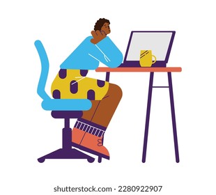 Woman dreaming at workplace, flat vector illustration isolated on white background. Careless and inattentive office worker hovering in thoughts.