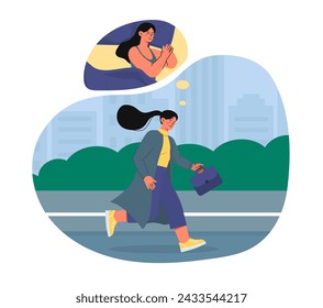 Woman dreams about sleep. Young girl at street in coat walk to job. Sleepless and tired person. Mental burnout, bad regime and unhealthy lifestyle. Cartoon flat vector illustration