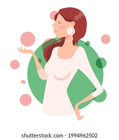 woman dreams, against background of blue and pink circles, picture for target audience young woman