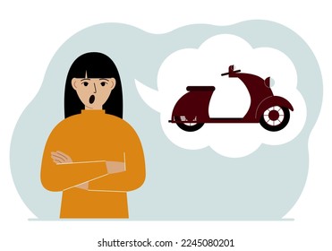 A woman dreams or thinks about a scooter or motorcycle. His thoughts are in an air bubble. The concept of a dream, purchase, loan or investment. Vector flat illustration.