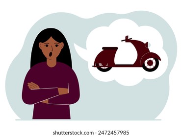 A woman dreams or thinks about a scooter or motorcycle. His thoughts are in an air bubble. The concept of a dream, purchase, loan or investment. Vector flat illustration.