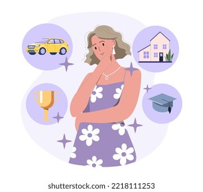 Woman with dreams. Young girl wants to finish her studies, get award and earn money for car and house. List of social and economic needs of adult. Poster or banner. Cartoon flat vector illustration