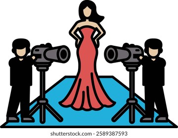 A woman in a dress is being photographed by two men