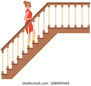 Woman in dress climbs stairs holding to railing  Stairs classical icon and banisters fence  Ladder  wooden staircase and handrail isolated white background  Lady climbing up steps stairs
