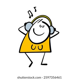 Woman in a dress is dancing, listening to music with headphones. Vector illustration of a teenager enjoying his favorite performer or singer. Funny doodle cartoon isolated on white background.
