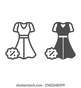 Woman dress with discount line and solid icon, shopping clothes concept. Vector graphics. Gown sign on white background, outline style icon for mobile or web design