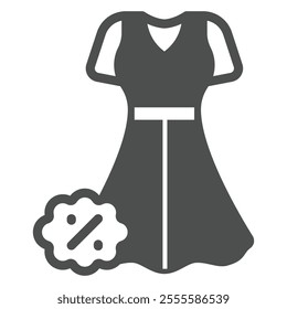 Woman dress with discount solid icon, shopping clothes concept. Vector graphics. Gown sign on white background, glyph style icon for mobile or web design