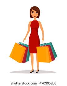 Woman in dress doing shopping. Shopping bags. Shop sale vector illustration.