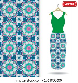 Woman dress fashion illustration with collection colored pattern. Beautiful pink flower pattern.