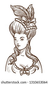 Woman in dress with feathers in head and big hairstyle Medieval style isolated vector sketch antique fashion royalty noblewoman or lady court dame or young duchess female character vintage hairdo.