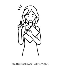a woman in dress getting ideas standing with document pointing hand gesture