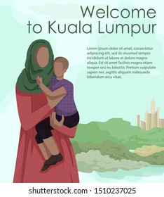 Woman in Dress Green Shawl Holds Boy in Hands. Vector Illustration. Travel Agency. Tourism Development. National Clothing. Unique Landscape. Mother with Son on Background City. Welcome to Kuala Lumpur