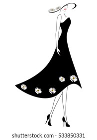 A woman in a dress and hat with daisies.