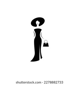 Woman in dress and hat logo. Boutique woman