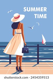 Woman in dress and hat on seaside promenade. Perfect background on the theme of summer travel, vacation or weekend. Vector illustration in minimalistyc style.