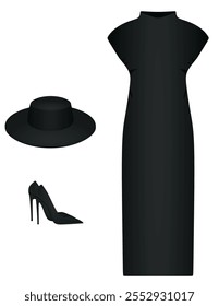  Woman dress, hat and shoes. vector illustration