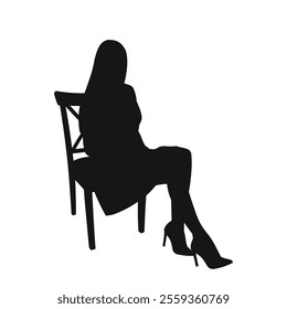 Woman in a dress and high heeled boots sitting on a chair, black silhouette