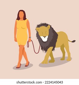 A woman in a dress and high heels walking a lion