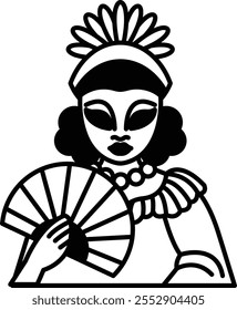 A woman in a dress holding a fan