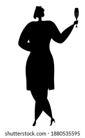 Eine Frau in einem Kleid hält ein Glas Champagner in der Hand. Vektorgrafik im Silhouettenstil. Einzeln auf Weiß.