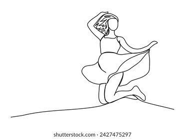 Mujer en vestido salta una línea dibujo ilustración vectorial.