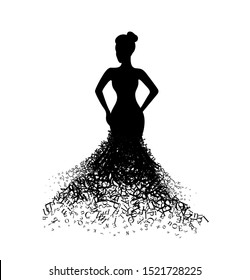 Woman with dress from letters. Vector decoration from scattered elements. Monochrome isolated silhouette. Conceptual illustration.