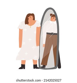 Woman in dress looking in the mirror and see a man in reflection. Gender identity, neutrality, non-binary, genderqueer or genderfluid concept. Vector isolated illustration.