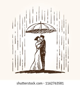 A woman in dress   man in suit and an umbrella stand in the rain   kiss each other  Vector hand drawn illustration  concept sketch  