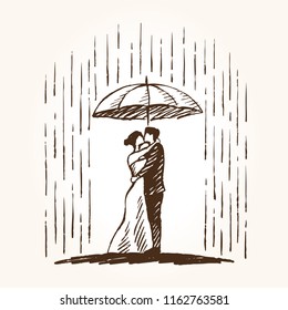 A woman in a dress and a man in a suit with an umbrella stand in the rain and kiss each other. Vector hand drawn illustration, concept sketch. 